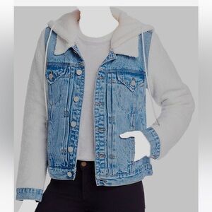 Blanknyc Women's Blue White Logo Hooded Faux Shearling Denim Jacket Large